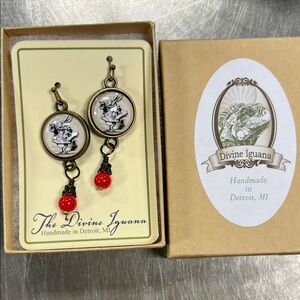 Divine Iguana Vintage Style Earrings with Red Beads Alice in Wonderland